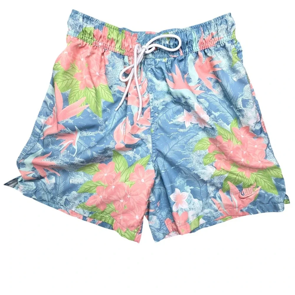Nike Mens Tropical Floral Swim Trunks Blue Pink Green Mesh Lined Small‎